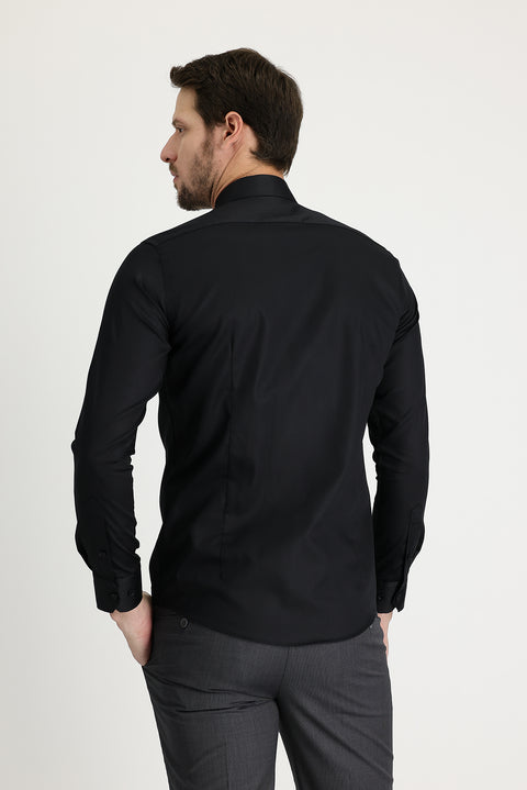 Siyah Uzun Kol Slim Fit Dar Kesim Non Iron Saten Pamuklu Gömlek