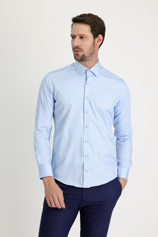  Uçuk Mavi Uzun Kol Slim Fit Dar Kesim Non Iron Saten Klasik Pamuklu Gömlek