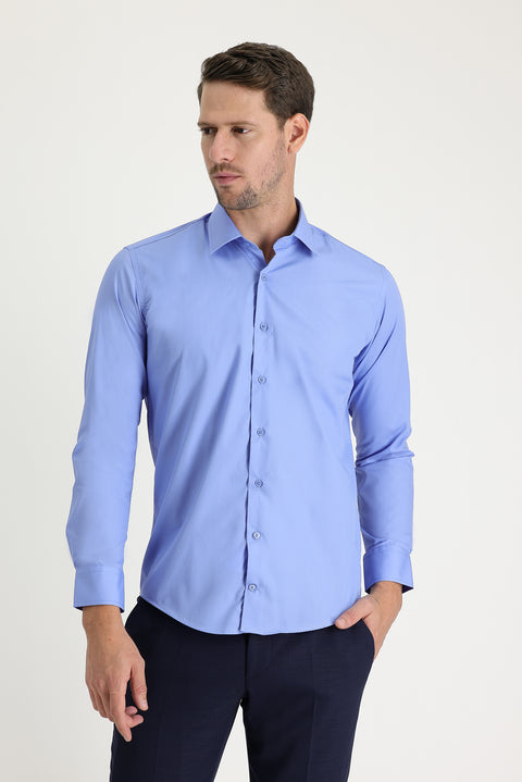 Aqua Blue Long Sleeve Slim Fit Classic Cotton Shirt
