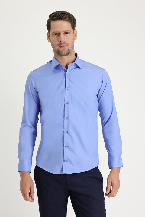 Aqua Blue Long Sleeve Slim Fit Classic Cotton Shirt