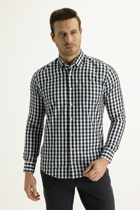 Black Long Sleeve Slim Fit Narrow Cut Plaid Cotton Shirt