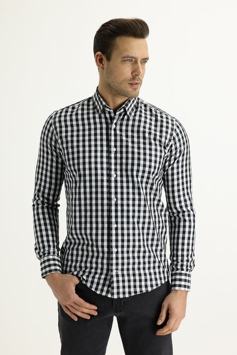 Black Long Sleeve Slim Fit Narrow Cut Plaid Cotton Shirt