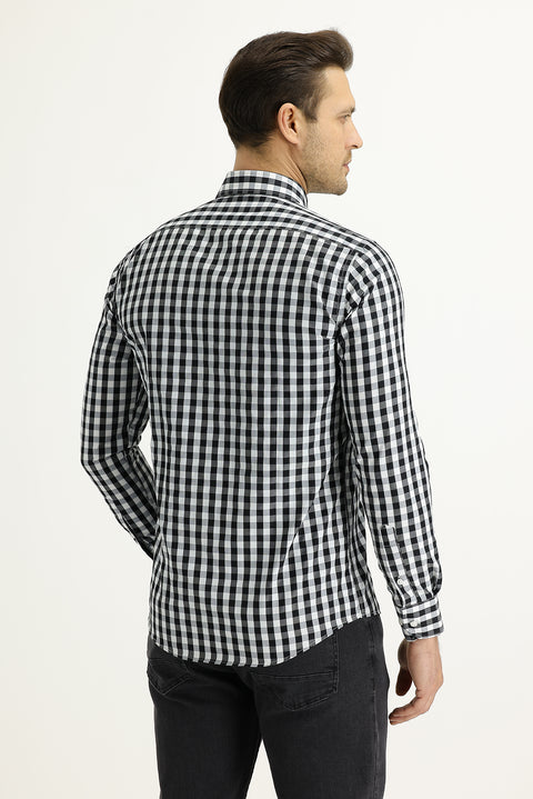 Black Long Sleeve Slim Fit Narrow Cut Plaid Cotton Shirt