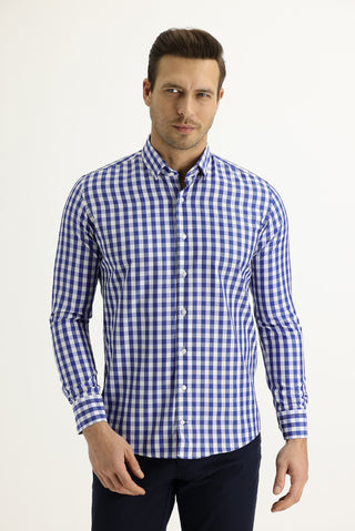  Orta Lacivert Uzun Kol Slim Fit Dar Kesim Kareli Pamuklu Gömlek