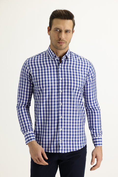 Medium Navy Long Sleeve Slim Fit Plaid Shirt
