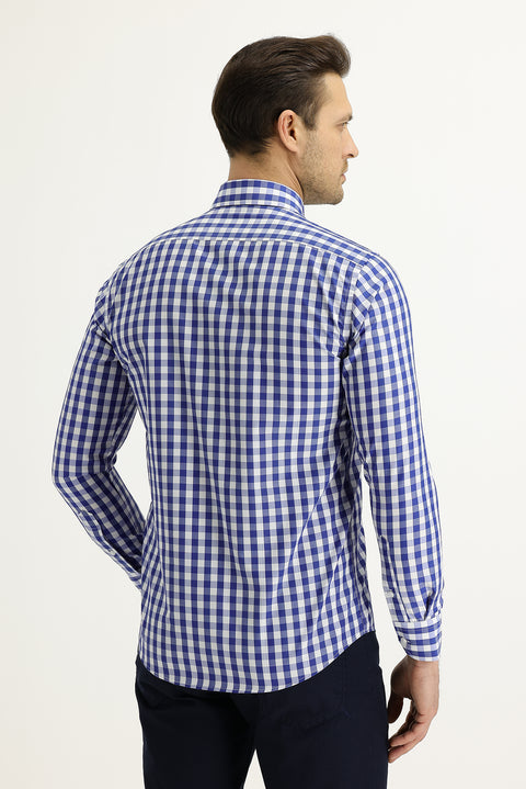 Medium Navy Long Sleeve Slim Fit Plaid Shirt