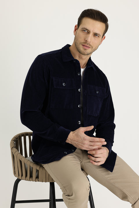 Medium Navy Slim Fit Narrow Cut Shacket Cotton Shirt / Cotton Jacket