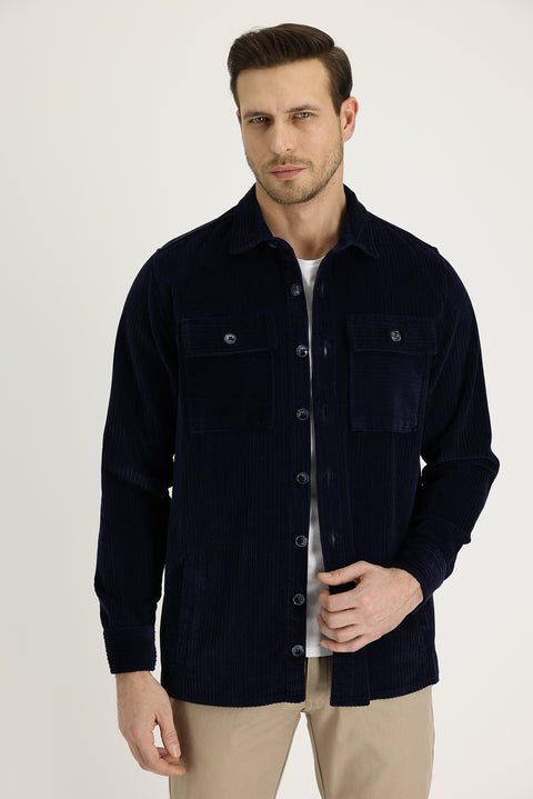 Medium Navy Slim Fit Narrow Cut Shacket Cotton Shirt / Cotton Jacket