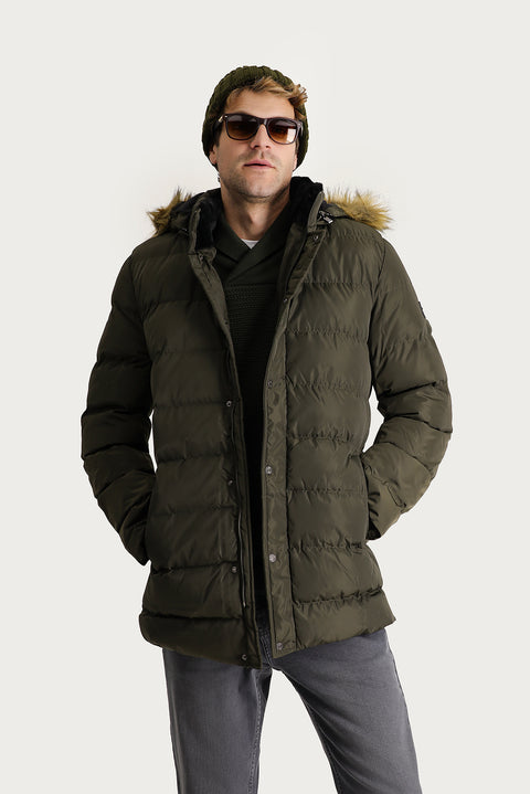 Medium Khaki Hooded Puffy Sports Jacket