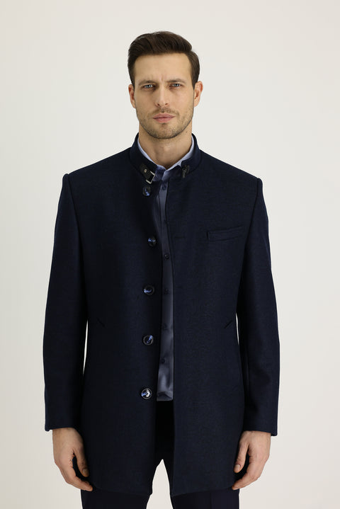 Dark Navy Slim Fit Narrow Cut Wool Coat
