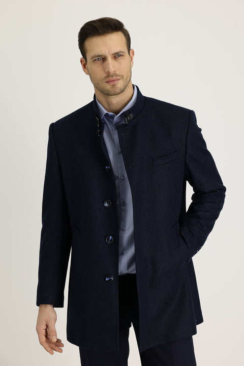 Dark Navy Slim Fit Narrow Cut Wool Coat
