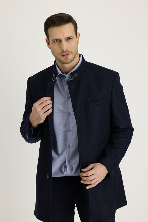Dark Navy Slim Fit Narrow Cut Wool Coat