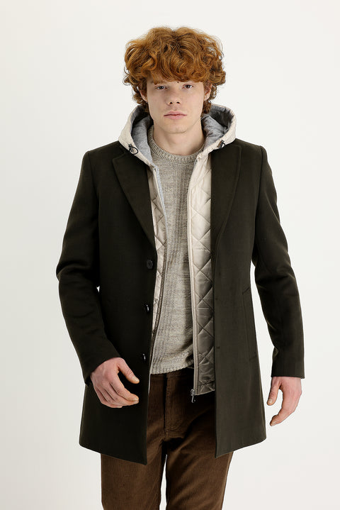 Asker Haki Slim Fit Dar Kesim Yelekli Kaban