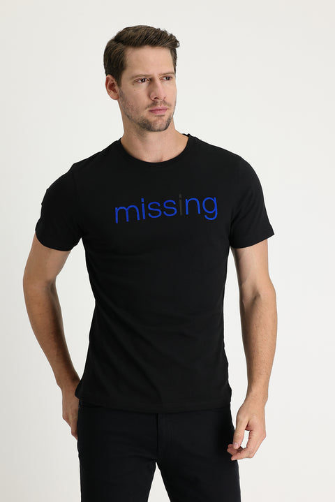 Black Crew Neck Patterned Slim Fit T-shirt