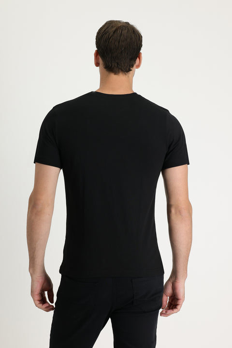 Black Crew Neck Patterned Slim Fit T-shirt