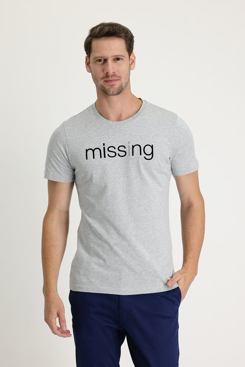 Light Gray Melange Crew Neck Printed Slim Fit Cotton T-Shirt