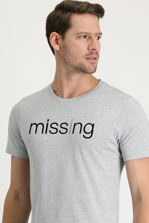 Light Gray Melange Crew Neck Printed Slim Fit Cotton T-Shirt