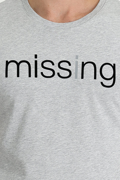 Light Gray Melange Crew Neck Printed Slim Fit Cotton T-Shirt