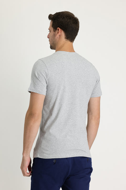 Light Gray Melange Crew Neck Printed Slim Fit Cotton T-Shirt