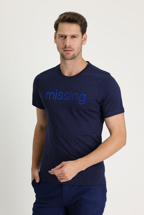 Dark Navy Crew Neck Printed Slim Fit Cotton T-Shirt
