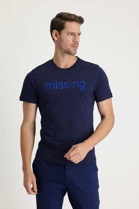 Dark Navy Crew Neck Printed Slim Fit Cotton T-Shirt