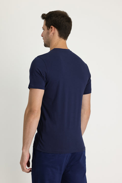 Dark Navy Crew Neck Printed Slim Fit Cotton T-Shirt