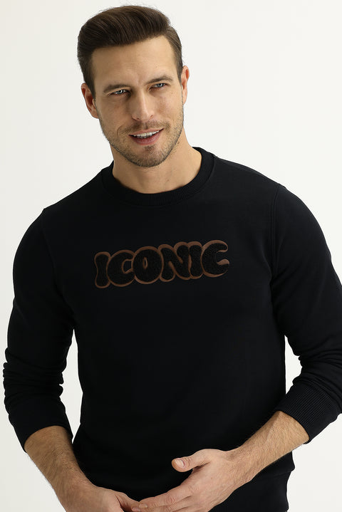 Siyah Bisiklet Yaka Slim Fit Dar Kesim Sweatshirt