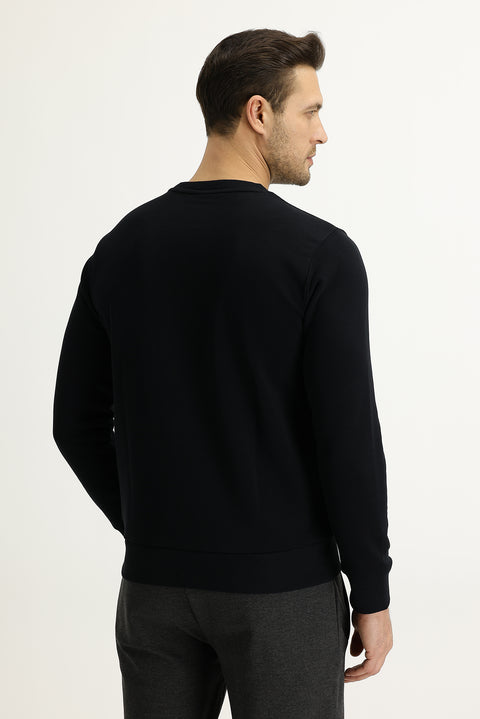 Siyah Bisiklet Yaka Slim Fit Dar Kesim Sweatshirt