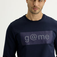 Medium Navy Crew Neck Slim Fit Printed Sweatshirt