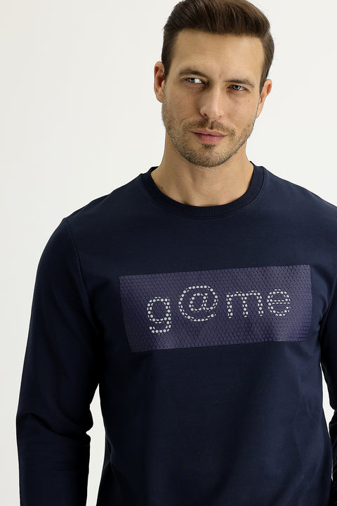 Medium Navy Crew Neck Slim Fit Printed Sweatshirt