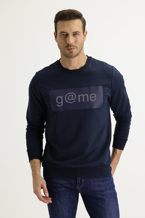Medium Navy Crew Neck Slim Fit Printed Sweatshirt