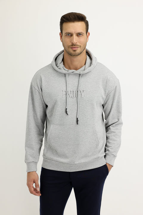 Light Grey Melange Hooded Printed Cotton Sweatshirt