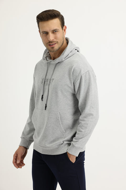 Light Grey Melange Hooded Printed Cotton Sweatshirt