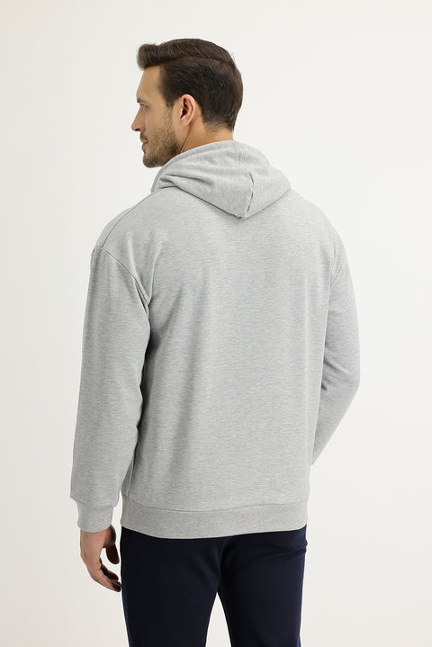 Light Grey Melange Hooded Printed Cotton Sweatshirt