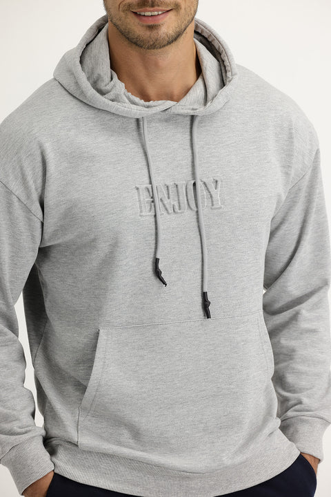 Light Grey Melange Hooded Printed Cotton Sweatshirt