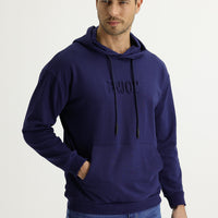 Dark Navy Hooded Printed Cotton Sweatshirt