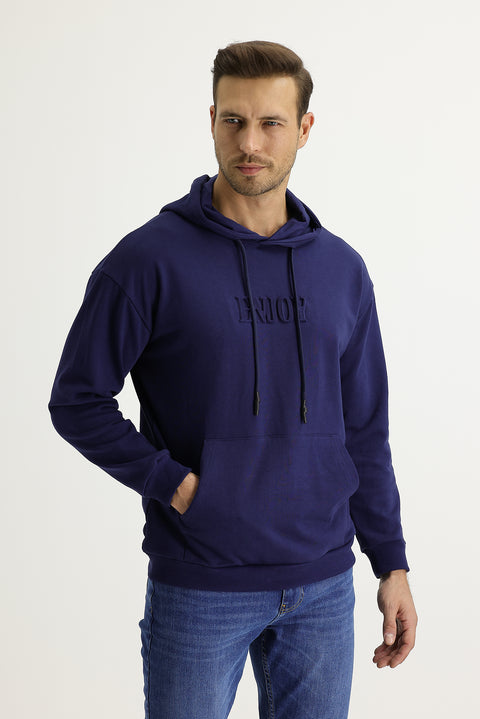 Dark Navy Hooded Printed Cotton Sweatshirt