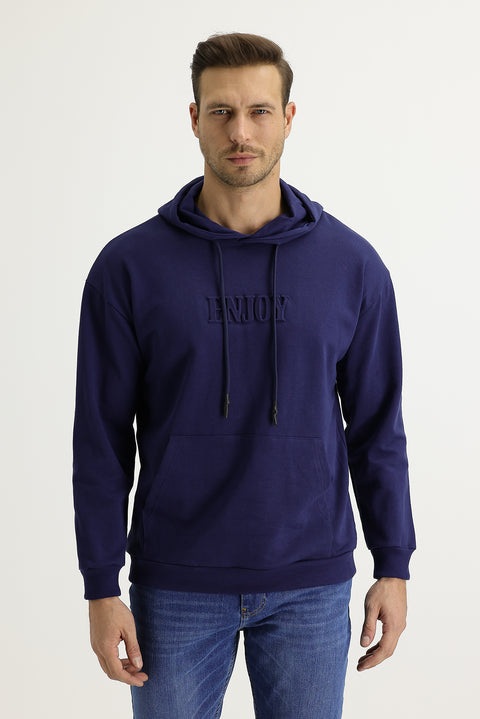 Dark Navy Hooded Printed Cotton Sweatshirt