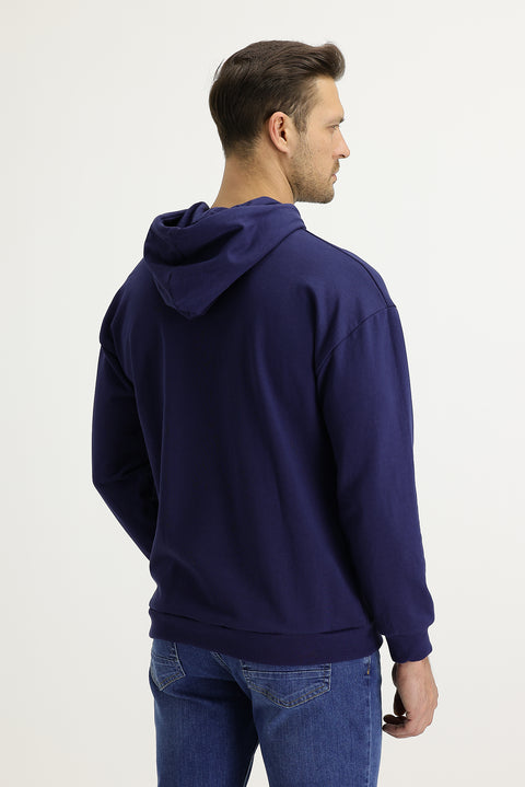 Dark Navy Hooded Printed Cotton Sweatshirt