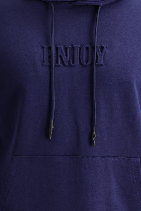 Dark Navy Hooded Printed Cotton Sweatshirt