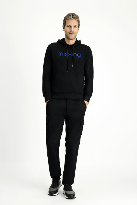 Siyah Kapüşonlu Slim Fit Dar Kesim Baskılı Pamuklu Sweatshirt
