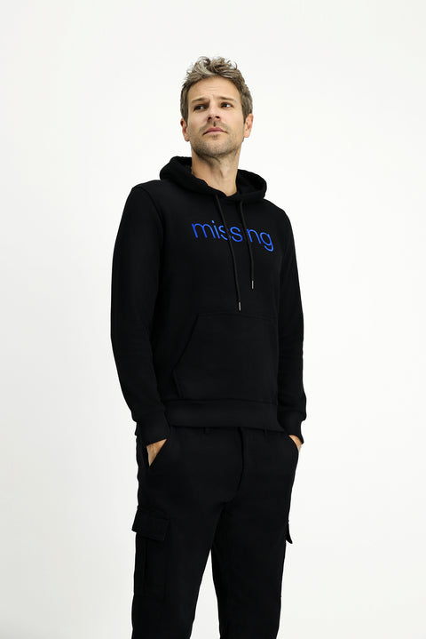Siyah Kapüşonlu Slim Fit Dar Kesim Baskılı Pamuklu Sweatshirt