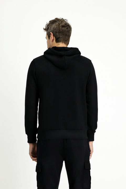 Siyah Kapüşonlu Slim Fit Dar Kesim Baskılı Pamuklu Sweatshirt