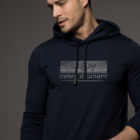Dark Navy Hooded Slim Fit Printed Sweatshirt