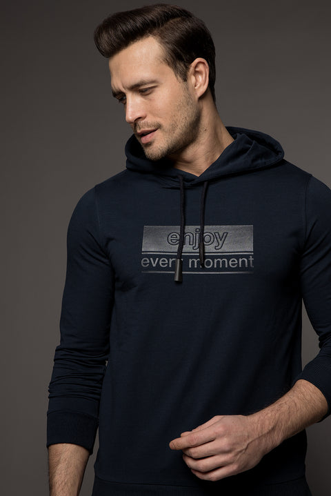 Dark Navy Hooded Slim Fit Printed Sweatshirt