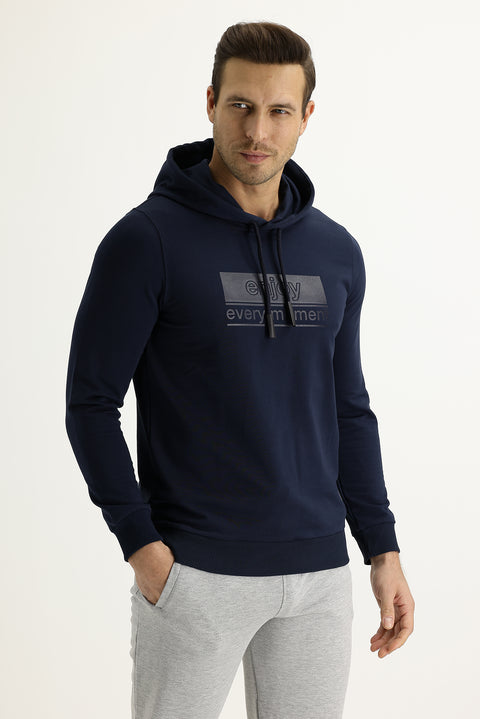 Dark Navy Hooded Slim Fit Printed Sweatshirt