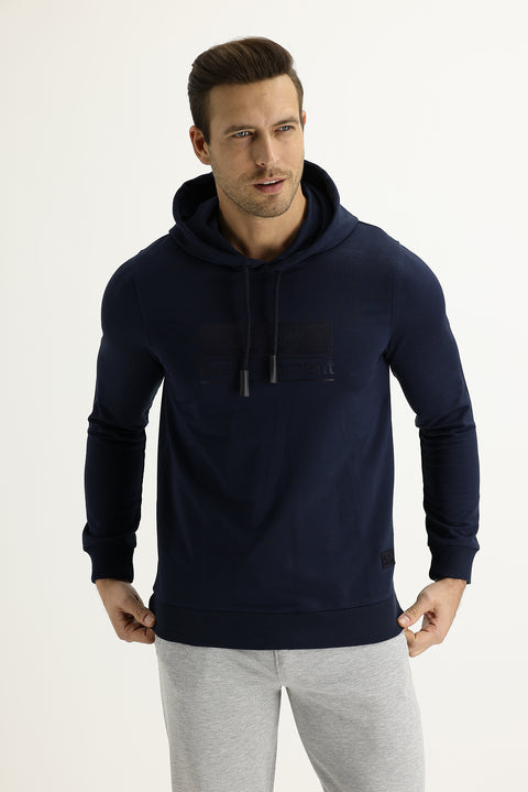 Dark Navy Hooded Slim Fit Printed Sweatshirt