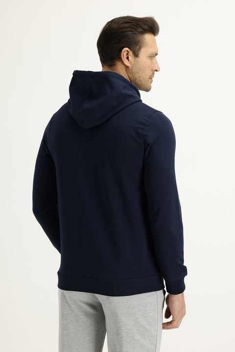 Dark Navy Hooded Slim Fit Printed Sweatshirt