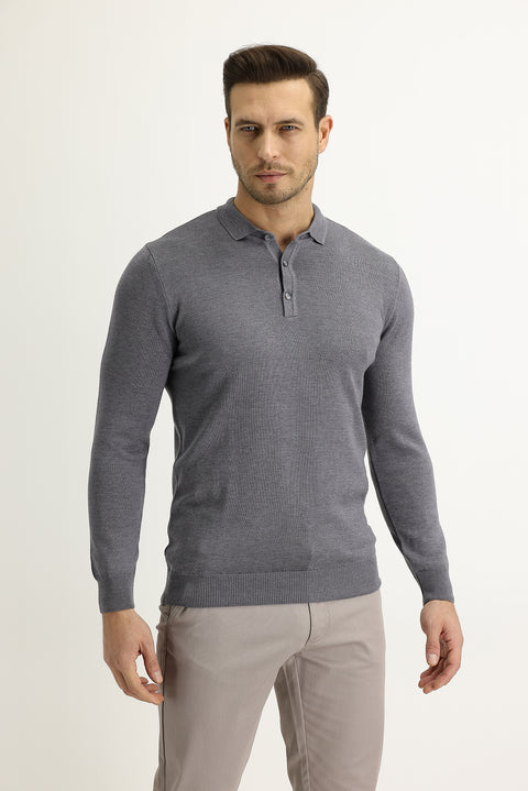 Medium Gray Melange Polo Neck Regular Fit Knitwear Sweater