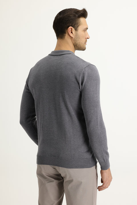 Medium Gray Melange Polo Neck Regular Fit Knitwear Sweater